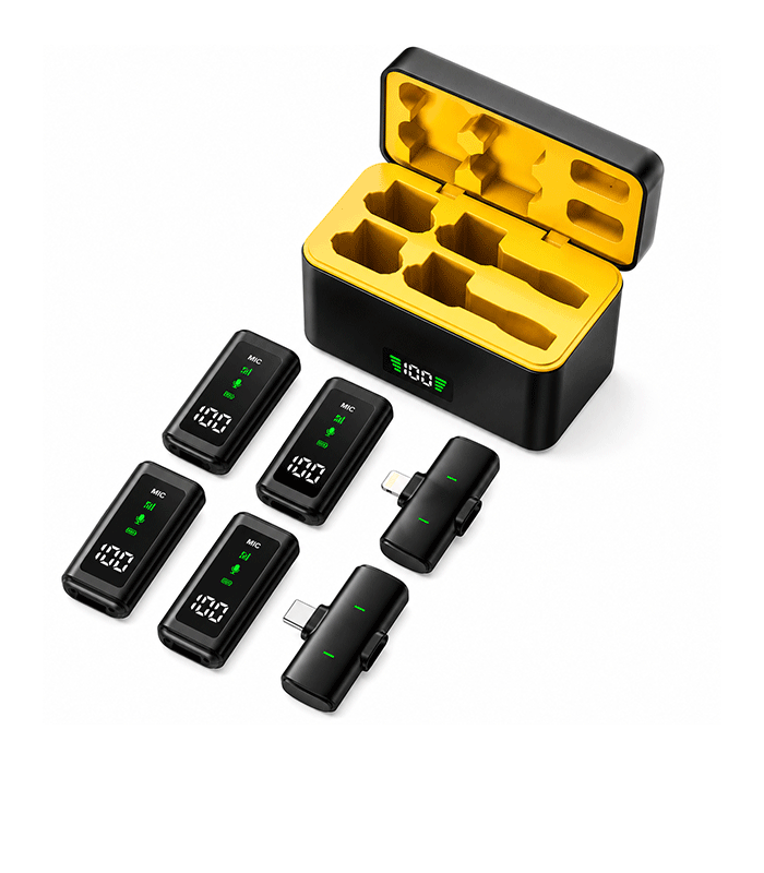 Kit-de-Microfones-Sem-Fio-4-em-1-para-Smartphones-–-USB-C-e-Lightning Kit de Microfones Sem Fio 4 em 1 para Smartphones – USB-C e Lightning - Imagem 1